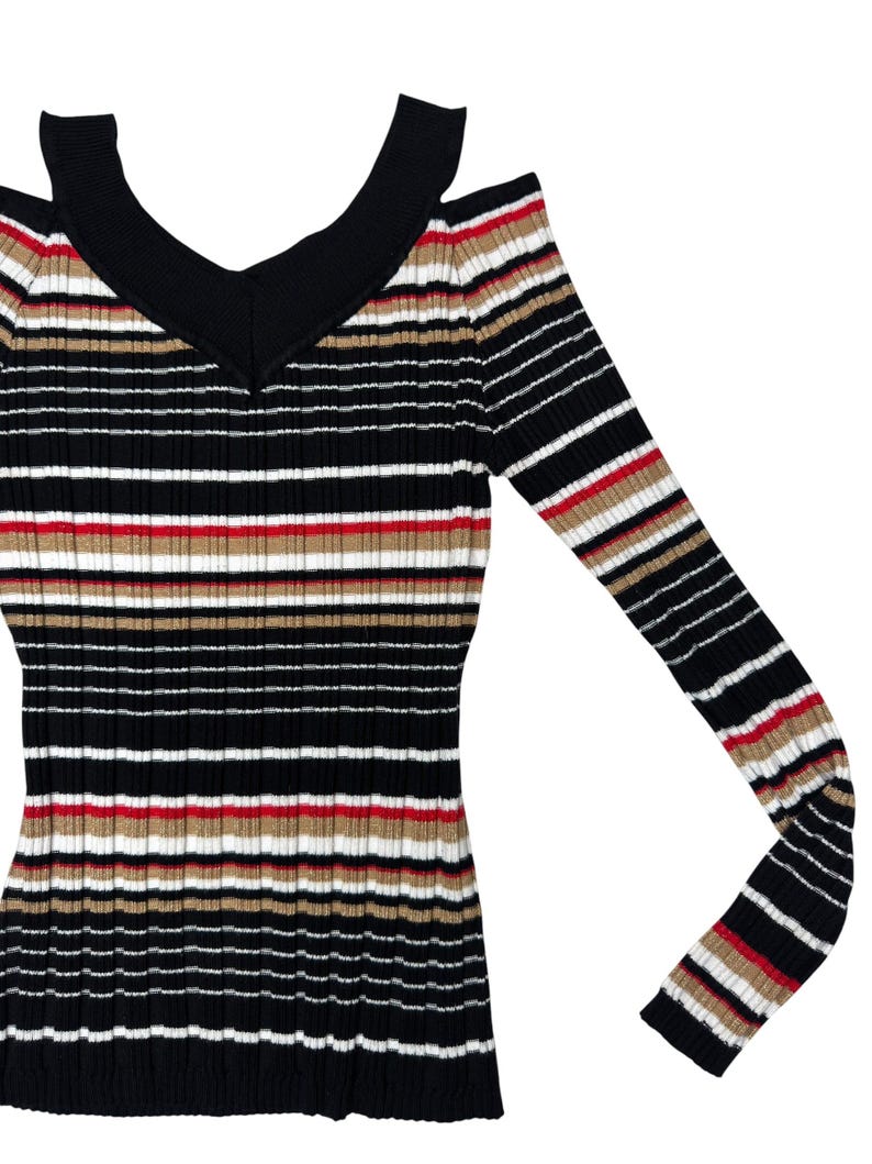 Vintage 2000s Striped Long Sleeve Stretch Knit Top with Cutout Shoulders | Size XS