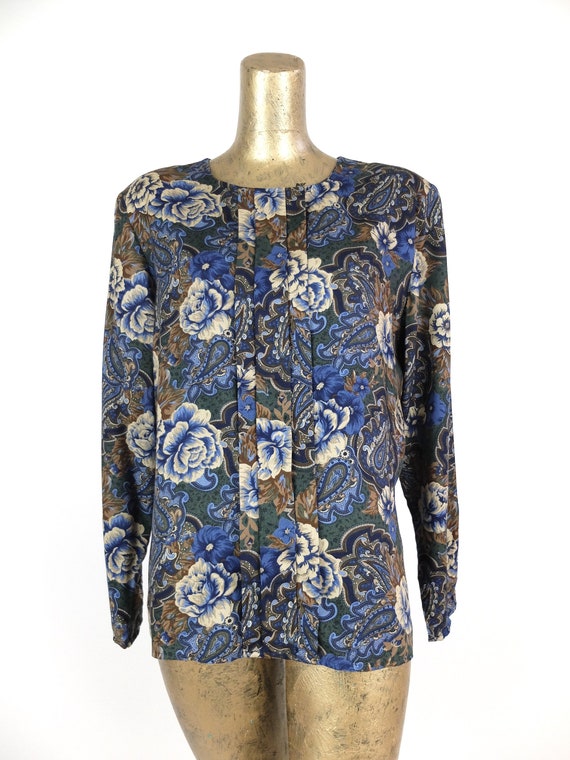 Vintage 80s Bohemian Mod Blue & Brown Floral Long… - image 2