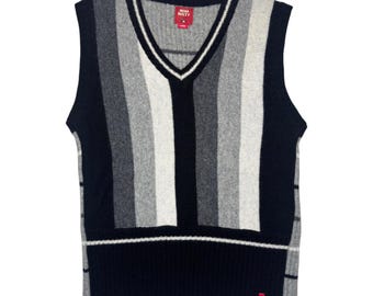 Vintage 2000s MISS SIXTY Wool Blend Grey Black & Cream Striped Knit V-Neck Sweater Vest | Size M-L