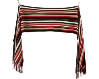 Vintage 00s Y2K Striped Funky Colourblocked Red Green Black Cream & White Long Wide Wrap Blanket Scarf with Fringe