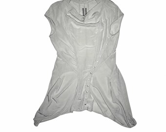 Rick Owens Babel Silk Mini Dress | Asymmetrical Short Sleeve Snap Closure Grey
