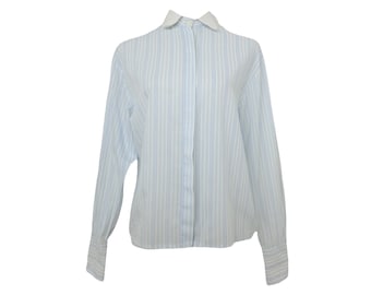 Vintage 90s Preppy Pastel Blue & White Collared Thin Long Sleeve Button Up Shirt | Size S
