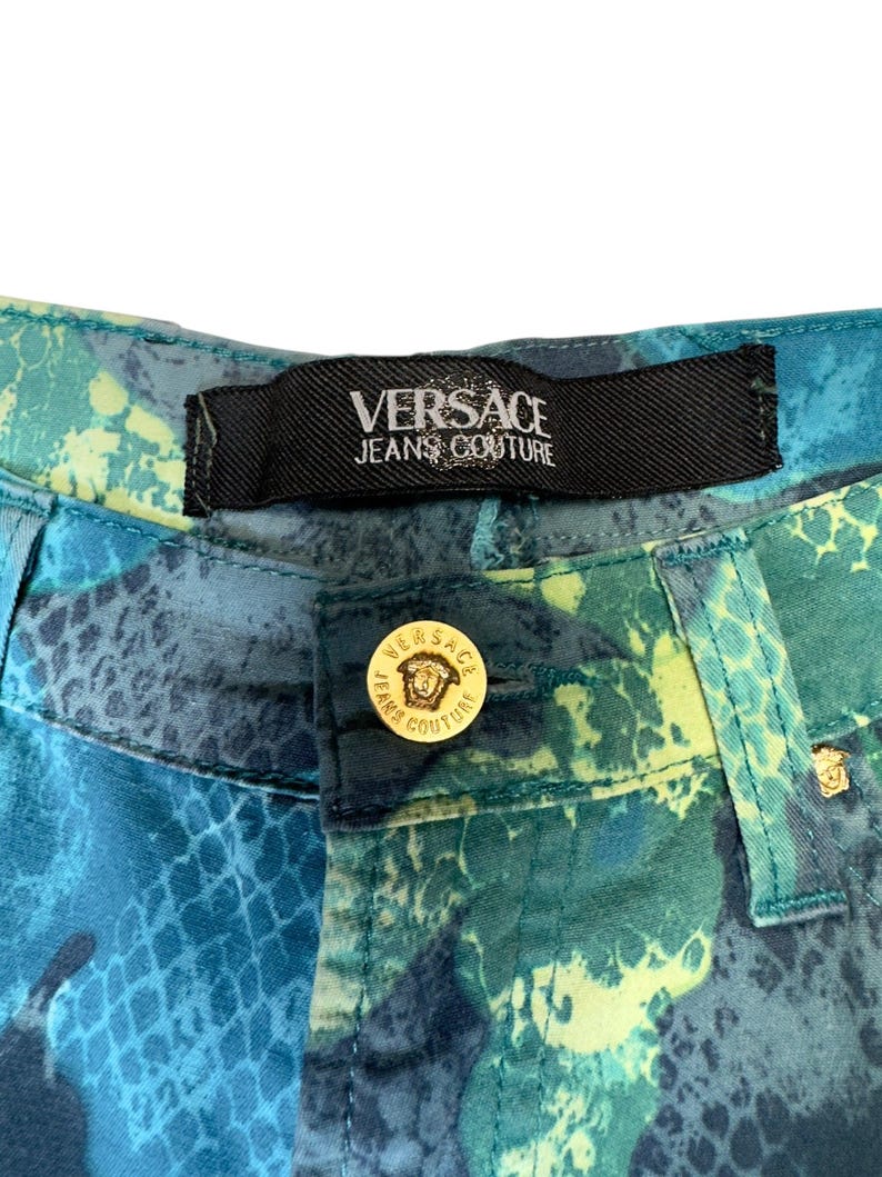 Vintage 2000s Versace Jeans Couture High Waisted Abstract Snake & Floral Patterned Slim Fit Jeans | 24 Inch Waist