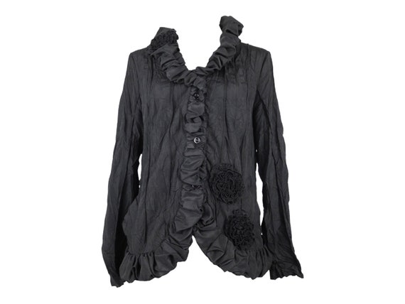 Y2K Goth Ruffled Blouse | Black Floral Long Sleeve Top, Size L