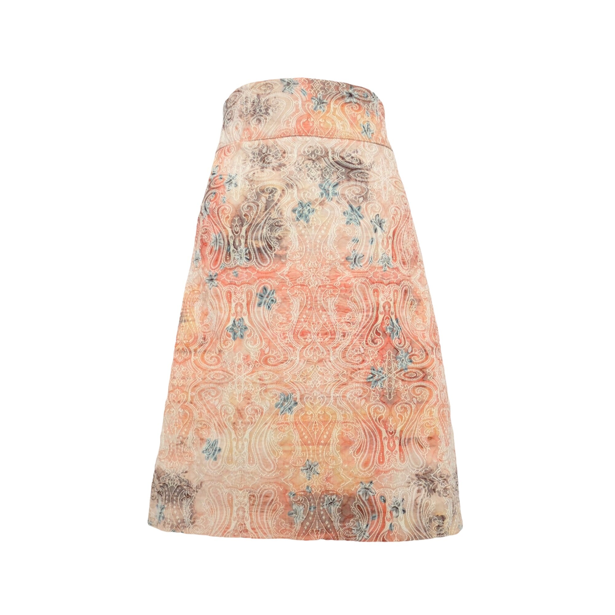 Vintage 90s Y2K Preppy Bohemian High Waisted Festival Style Pastel Abstract Ombre Acid Wash Pencil Knee Length A-Line Skirt | Size L