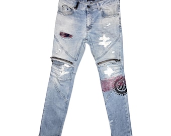 Vintage 2000s CAVALLI Men’s Mid-Rise Distressed Light Wash Slim Fit Denim Jeans with Screenprint & Zipper Details | 34.5 Inch Waist