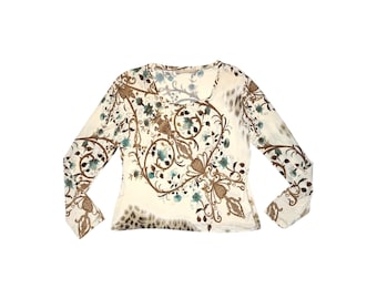 Roberto Cavalli Abstract Leopard Fleur-de-Lis Top | Scoop Neck Long Sleeve XL