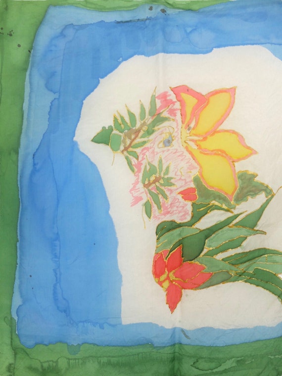 Vintage 80s Tropical Silk Hand-Painted Blue Green… - image 2