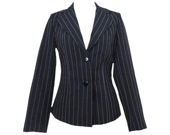 Vintage 90s Y2K Preppy Chic Grunge Goth Black Pinstriped Collared Button Down Blazer Jacket | Women’s Size Small