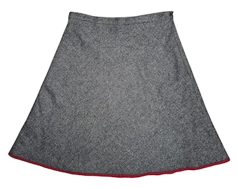 Vintage 2000s MOSCHINO Wool Blend Grey Herringbone Circle Knee Length Skirt with Red Trim | Size S