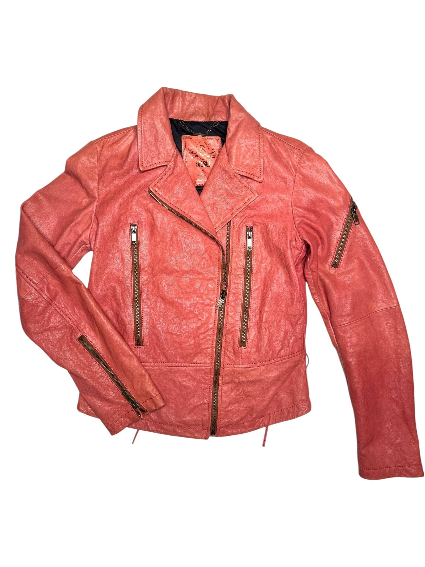 Y2K Diesel grunge archive 変形ジャケット Vintage 2000s Y2K Diesel Grunge Coral Orange Zip up Moto Leather