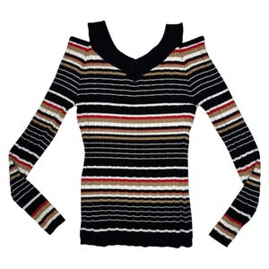 Vintage 2000s Striped Long Sleeve Stretch Knit Top with Cutout Shoulders | Size XS