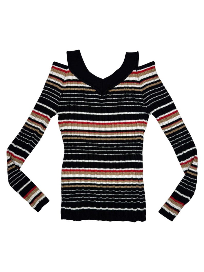 Vintage 2000s Striped Long Sleeve Stretch Knit Top with Cutout Shoulders | Size XS