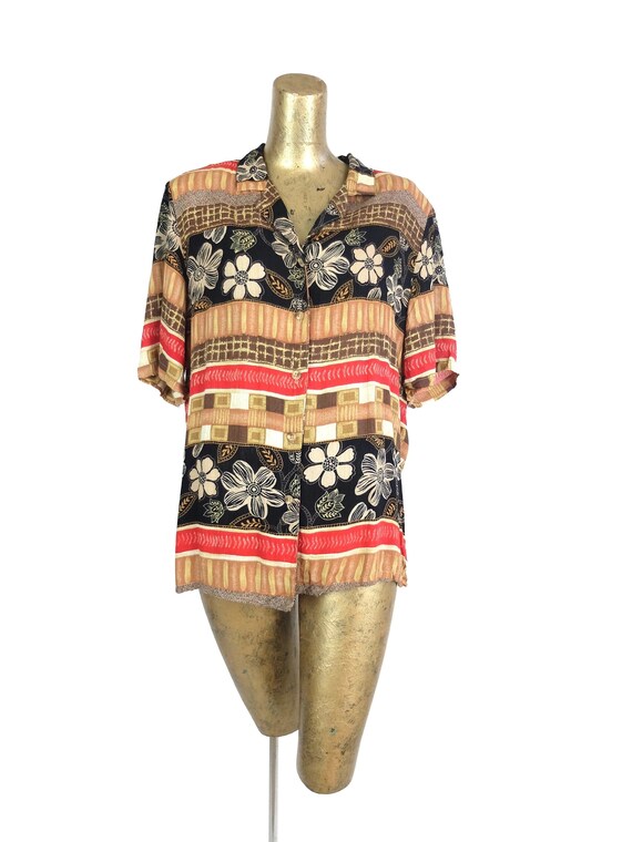 Vintage 70s Hawaiian Floral Striped Half Sleeve Co