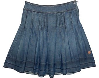 Vintage 2000s HUGO BOSS Blue Denim Pleated Above-the-Knee Circle Skirt | Size S-M
