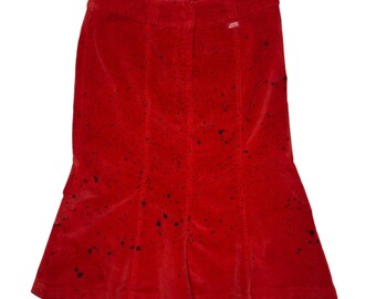 Vintage 2000s MISS SIXTY Orange-Red Velvet Mid-Rise Paint Splatter Flared Midi Skirt | Size S