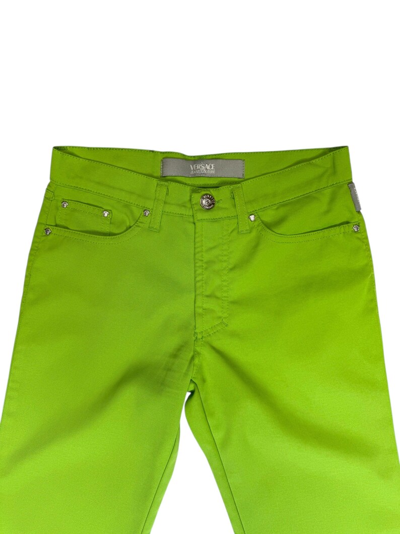 Vintage 2000s Versace Jeans Couture Lime Green Straight Leg Trousers | 26 Inch Waist