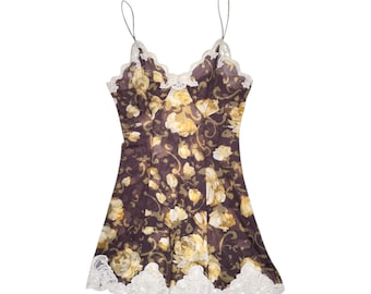 Vintage 2000s Brown & Yellow Floral Slip Cami Tank Top with Lace Trim | Size Small