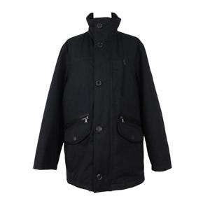 May include: Black winter coat with a high collar, button closure, and multiple pockets. The coat has a classic design with a tailored fit, suitable for cold weather. Features include a zippered chest pocket and two front pockets.