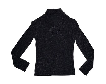 Haut extensible à manches longues extensible noir métallisé scintillant des années 2000 avec cravate | Taille XS-S