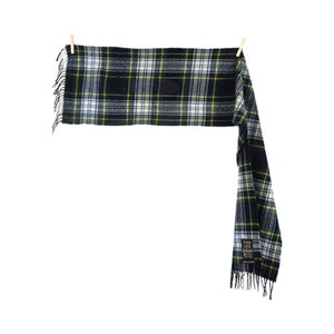 Vintage 80s Wool Mod Chic Grunge Tartan Plaid Check Print Green Blue & Yellow Long Wide Fringed Winter Scarf