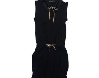 Vintage 2000s Marithé+François Girbaud Black Midi Dress | Gold Drawstring Ties, Size S-M
