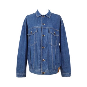 Vintage 80s Denim Jean Utility Western Collared Button Down Trucker Jacket in Blue | Men’s Size M, Women’s L