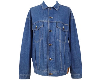 Vintage 80s Denim Jean Utility Western Collared Button Down Trucker Jacket in Blue | Men’s Size M, Women’s L