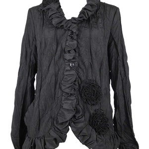 Vintage 2000s Y2K Soft Grunge Goth Black Ruffled Collared Long Sleeve Button Down Blouse with Floral Detail | Size L