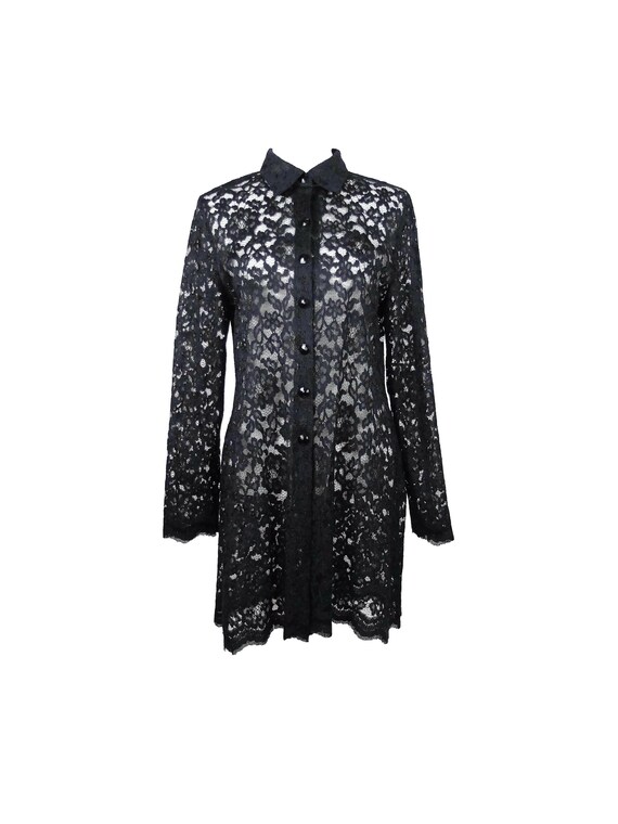 Vintage 80s Romantic Black Floral Lace Collared Bu