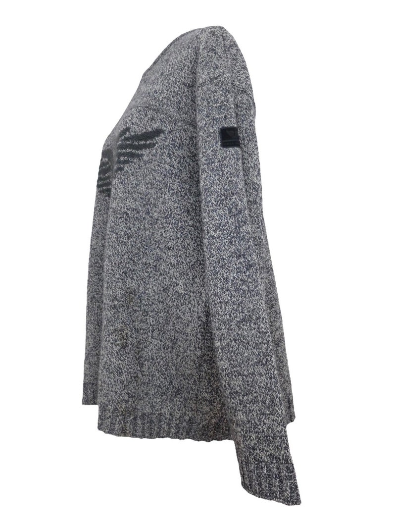 May include: A gray and white speckled sweater with a black wing design on the front. The sweater has a crew neck and long sleeves.