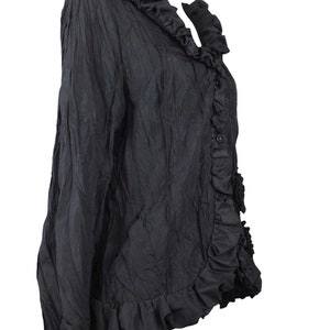 Vintage 2000s Y2K Soft Grunge Goth Black Ruffled Collared Long Sleeve Button Down Blouse with Floral Detail | Size L