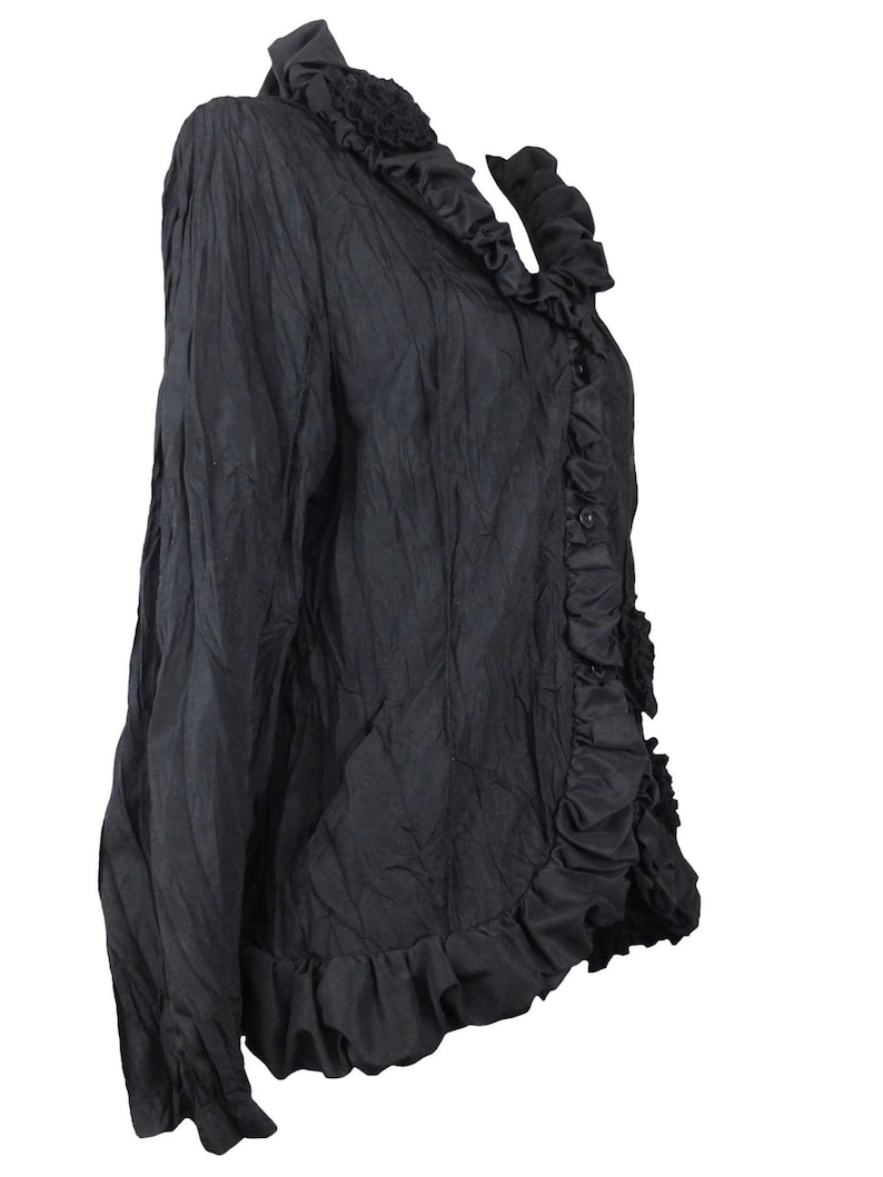 Vintage 2000s Y2K Soft Grunge Goth Black Ruffled Collared Long Sleeve Button Down Blouse with Floral Detail | Size L