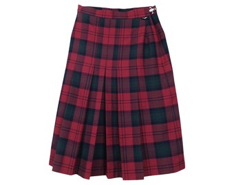 Vintage 80s Mod Punk Rocker Red Tartan High Waisted Pleated A-Line Midi Skirt | 24 Inch Waist | Size XS