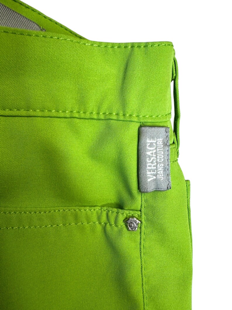 Vintage 2000s Versace Jeans Couture Lime Green Straight Leg Trousers | 26 Inch Waist
