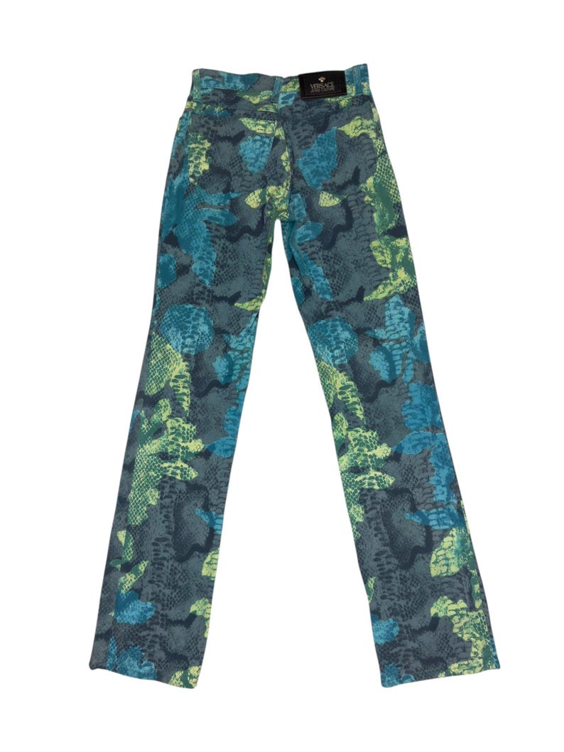 Vintage 2000s Versace Jeans Couture High Waisted Abstract Snake & Floral Patterned Slim Fit Jeans | 24 Inch Waist