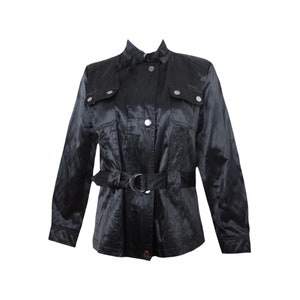 Vintage 90s Y2K Preppy Moto Grunge Goth Black Silky Satin Look High Mockneck Buckle &  Snap Button Down Cargo Lightweight Jacket | Size S