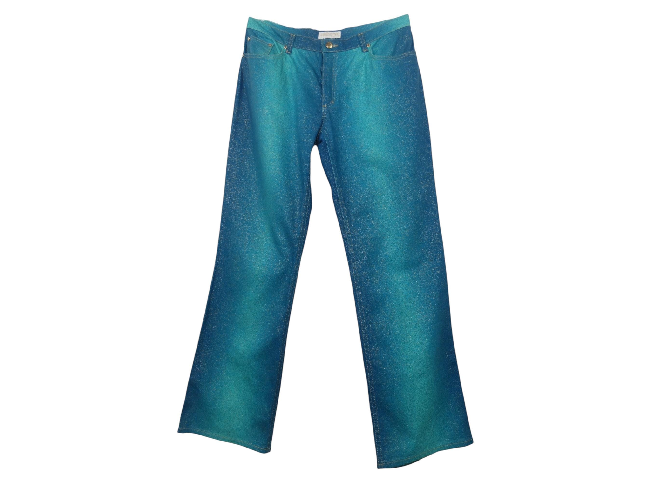 Vintage 2000s Y2K Roberto Cavalli Teal Metallic Glitter Straight