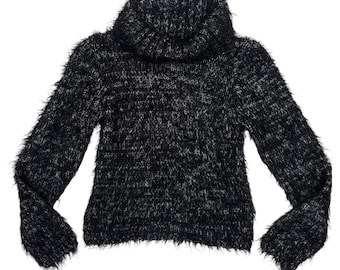 Vintage 2000s Wool Blend Eyelash Knit Turtleneck Sweater | Marled Black & White, Cropped Fuzzy (Size S)