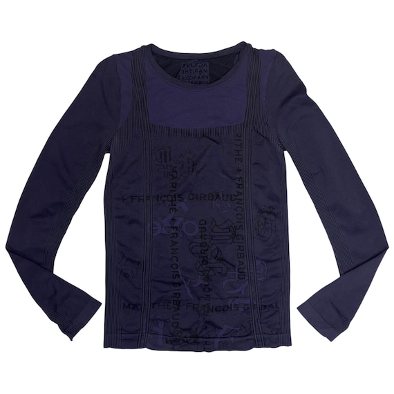 Marithé + François Girbaud, Vintage 2000s MARITHÉ + François GIRBAUD Purple & Black Seamless Logo Stretchy Thermal Long Sleeve Top | Size L