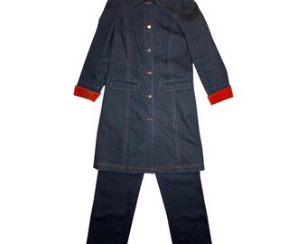 Laurel Jeans Denim Trench Coat & Jeans Set | Orange Velvet Trim, Size M