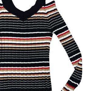 Vintage 2000s Striped Long Sleeve Stretch Knit Top with Cutout Shoulders | Size XS