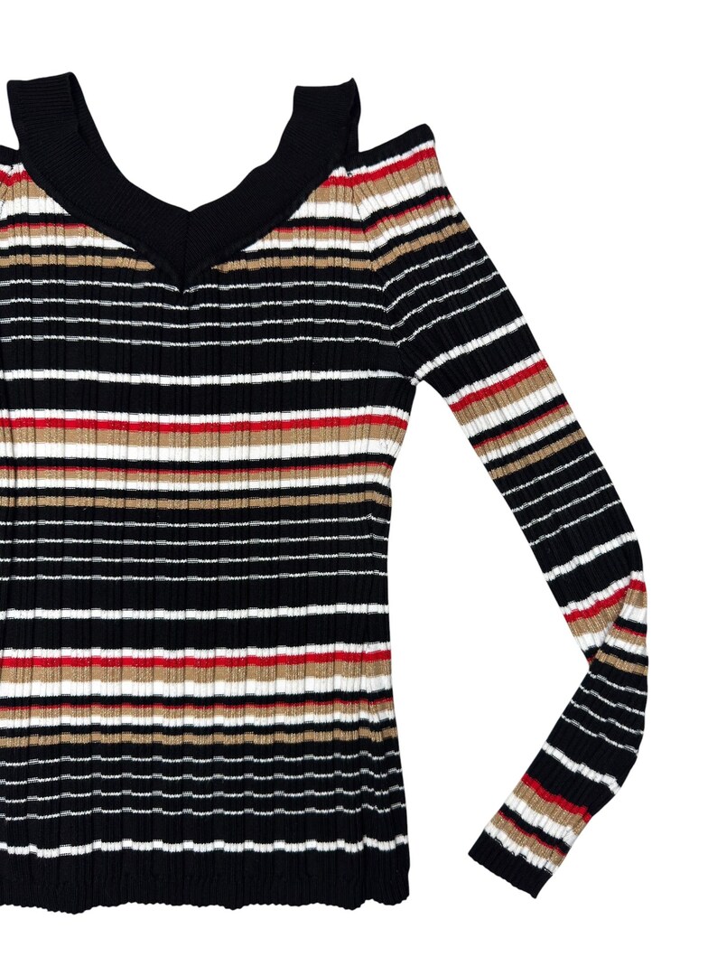 Vintage 2000s Striped Long Sleeve Stretch Knit Top with Cutout Shoulders | Size XS