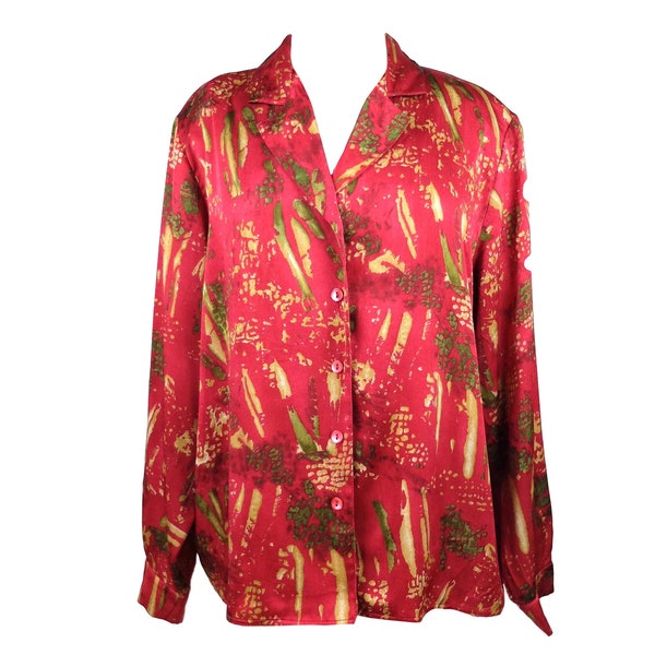 Vintage 80s Bohemian Mod Red Silky Abstract Print Collared Long Sleeve Button Up Blouse | Women’s Size Medium-Large