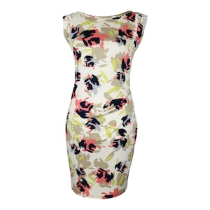 Vintage 2000s Y2K Diane von Furstenberg Silk Abstract Floral Print Cap Sleeve Fitted Draped Knee Length Midi Dress | Size S