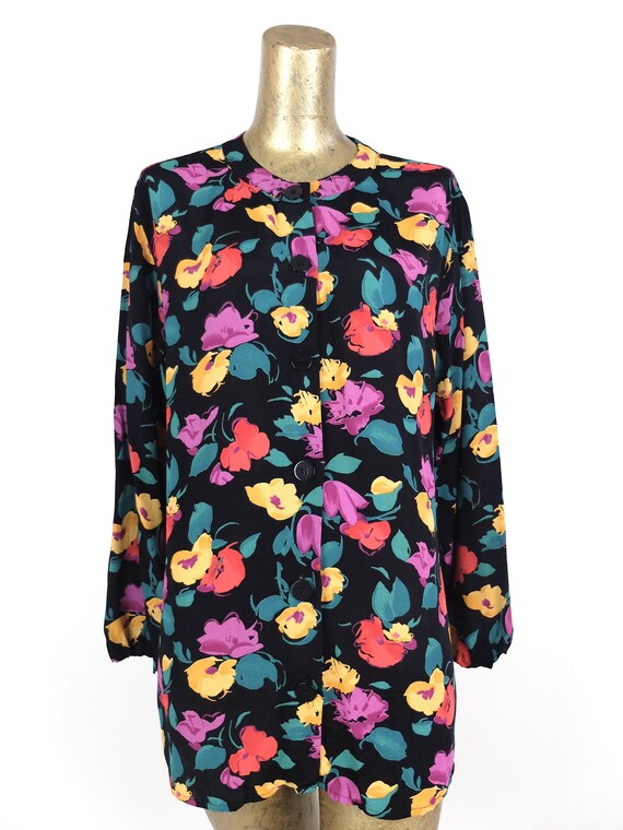 Vintage 80s Floral Abstract Long Sleeve Button Up… - image 4