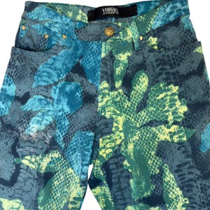 Vintage 2000s Versace Jeans Couture High Waisted Abstract Snake & Floral Patterned Slim Fit Jeans | 24 Inch Waist