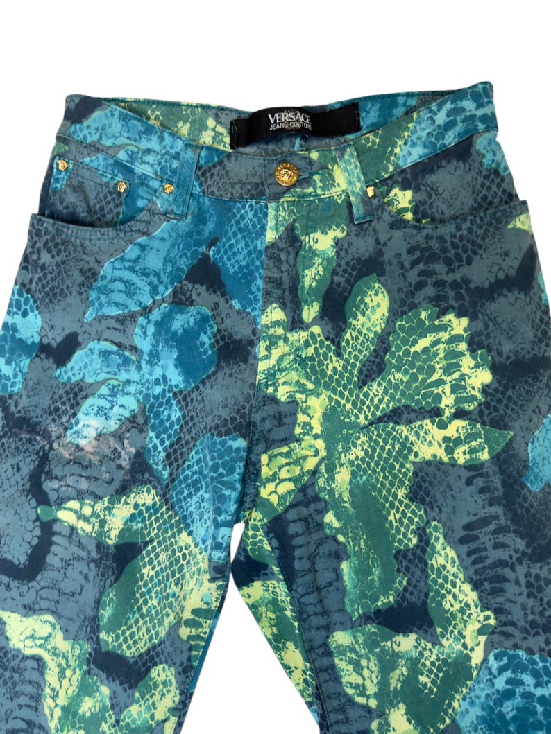 Vintage 2000s Versace Jeans Couture High Waisted Abstract Snake & Floral Patterned Slim Fit Jeans | 24 Inch Waist