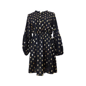Vintage 2000s Y2K Twee Black Gold Polka Dot 1/2 Button Down Cinched Long Sleeve Fit Flare Skater Above the Knee Circle Mini Dress | Size M