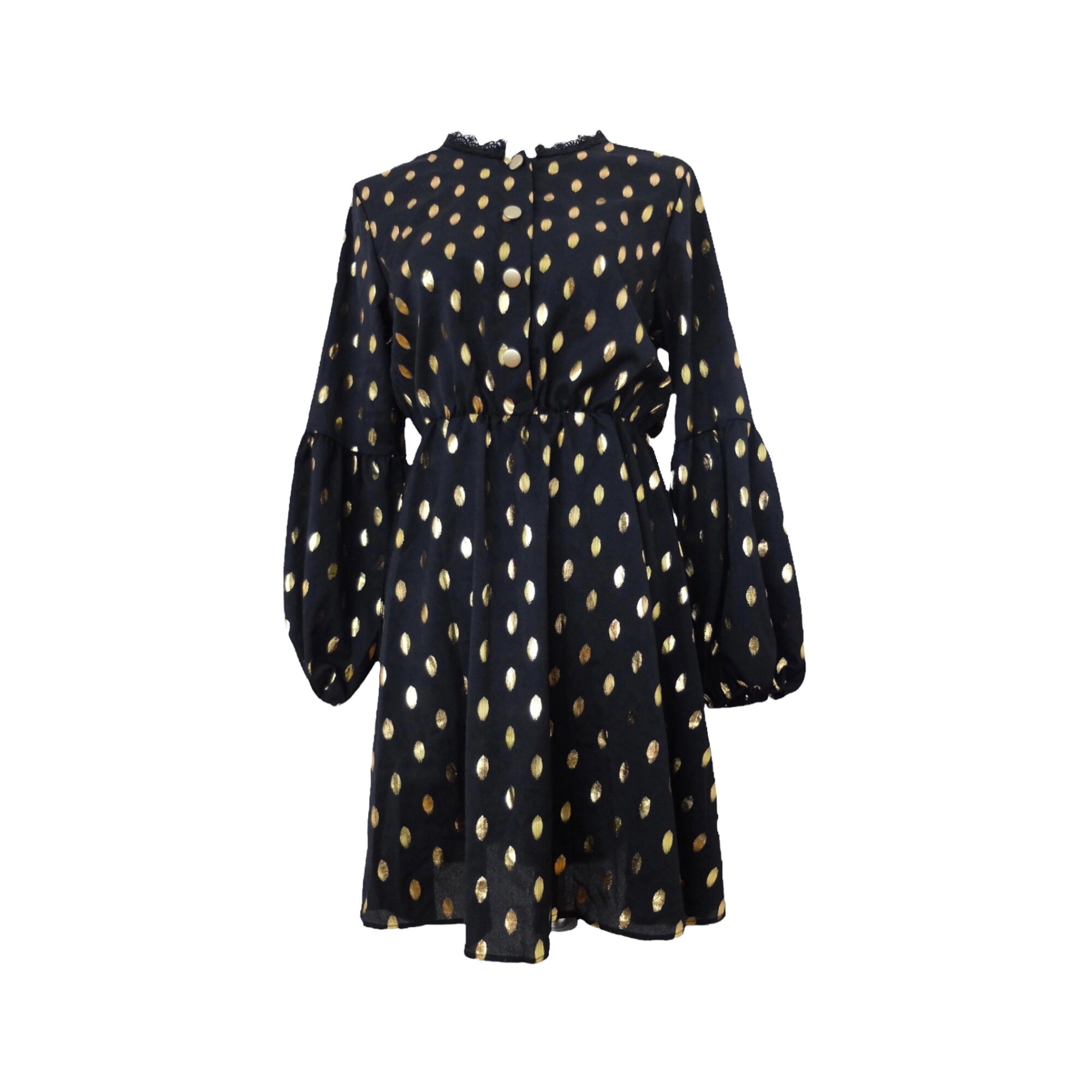 Vintage 2000s Y2K Black & Gold Polka Dot 1/2 Button Down Cinched Long Sleeve Above-the-Knee Circle Mini Dress | Size M Vintage 2000s Y2K Black & Gold Polka Dot 1/2 Button Down Cinched Long Sleeve Above-the-Knee Circle Mini Dress | Size M